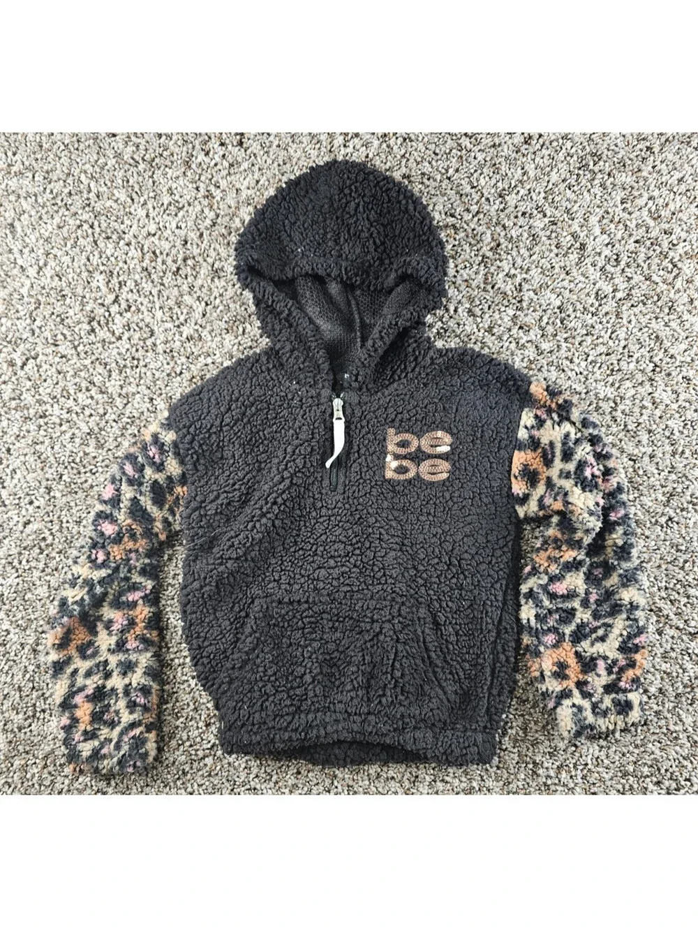 Bebe Girls Sz 5/6 black cheetah print sherpa half-zip hoodie